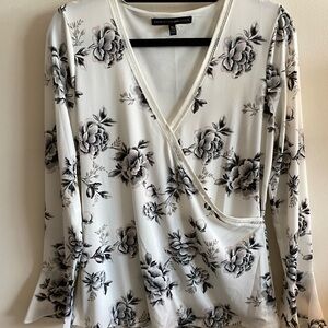like new long sleeve flowy v neck black and white work blouse with flowers